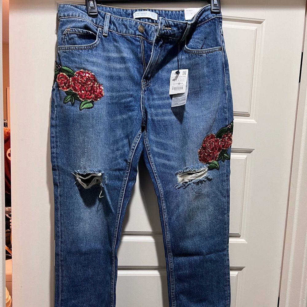 Zara relaxed jeans with sequin floral patches
